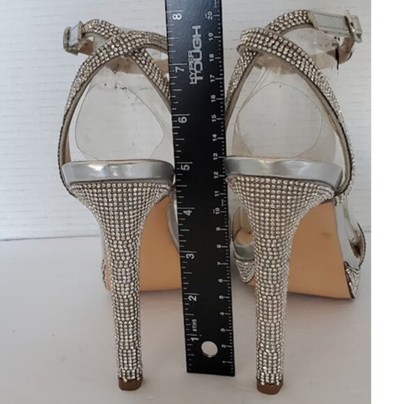 Steve Madden Damar Silver Rhinestone Platform Stiletto Heels Ankle Strap Sz 10 - Picture 10 of 12